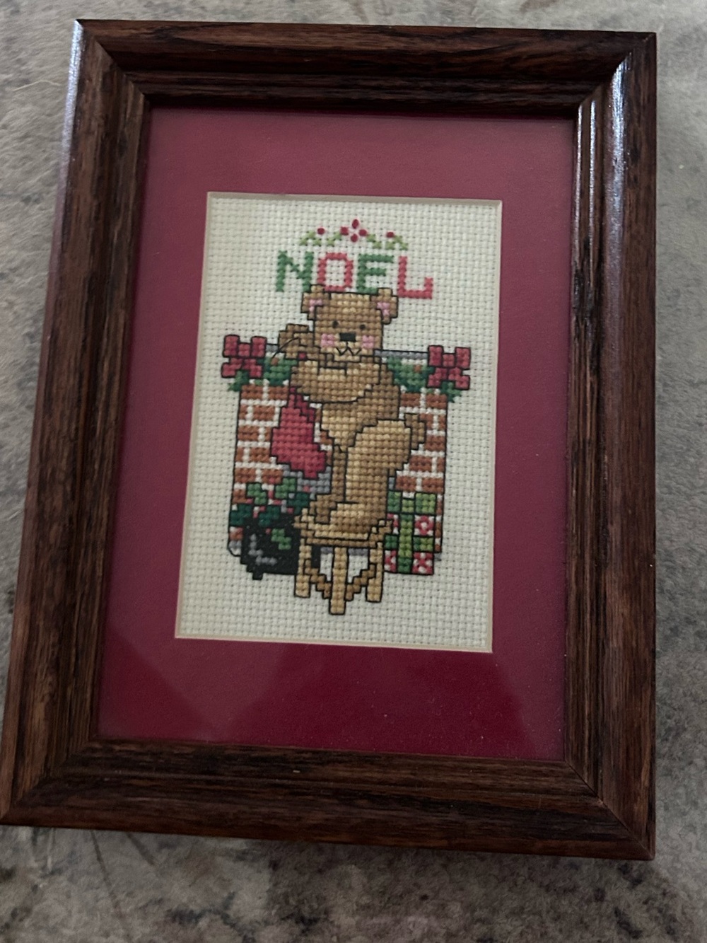 Vintage Floral Needlepoint Framed Art - Multicolor 2002 NOEL teddy